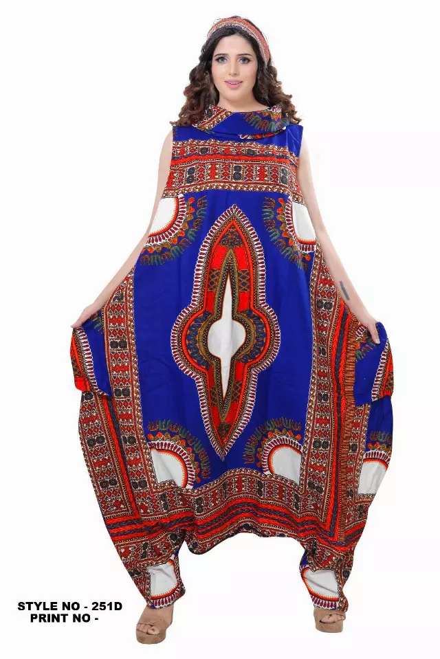 251DSK - NOW IN DASHIKI COLORS - Cow Neck African Wax Jumpsuit/Dress (3 PCS PRE-PACK) - $25 Each — One Size (4 - 26) / Royal Blue
