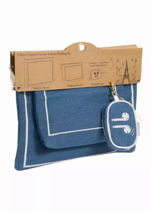 La L'Amour 16oz Cotton Canvas 3 Piece Toiletry Packing Set With Earbuds Case — 136-DENIM
