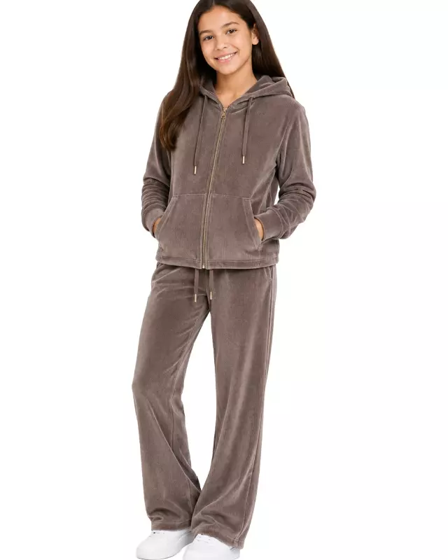 Girls' Corduroy Hoodie & Pants Set #C01 — Brown / 6-8-10-12-14