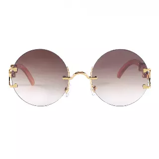 Retro Round Frameless Sunglasses with Gold Frame & Bamboo Arms J10653
