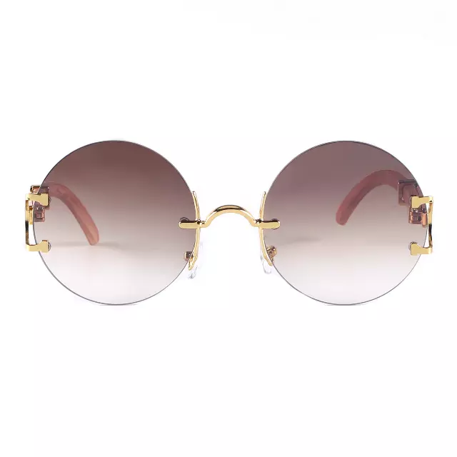 Retro Round Frameless Sunglasses with Gold Frame & Bamboo Arms J10653