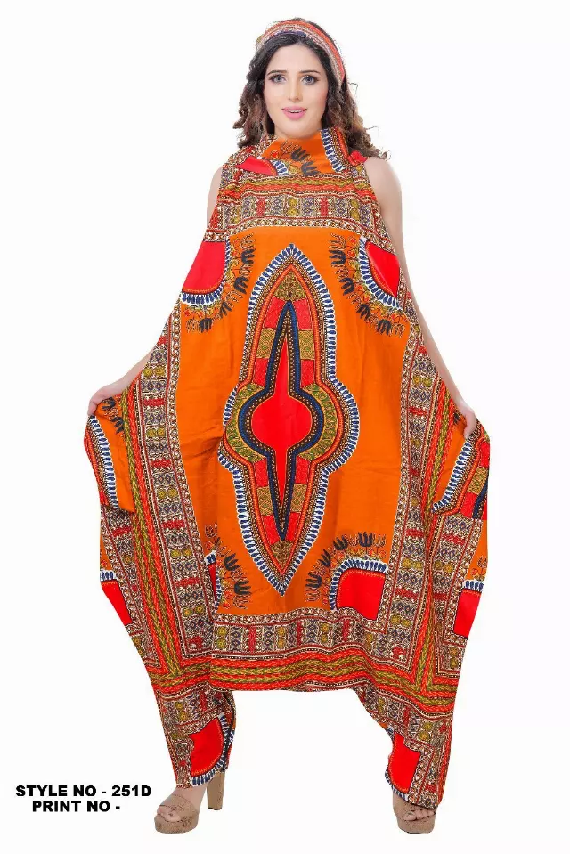 251DSK - NOW IN DASHIKI COLORS - Cow Neck African Wax Jumpsuit/Dress (3 PCS PRE-PACK) - $25 Each — One Size (4 - 26) / Mustard