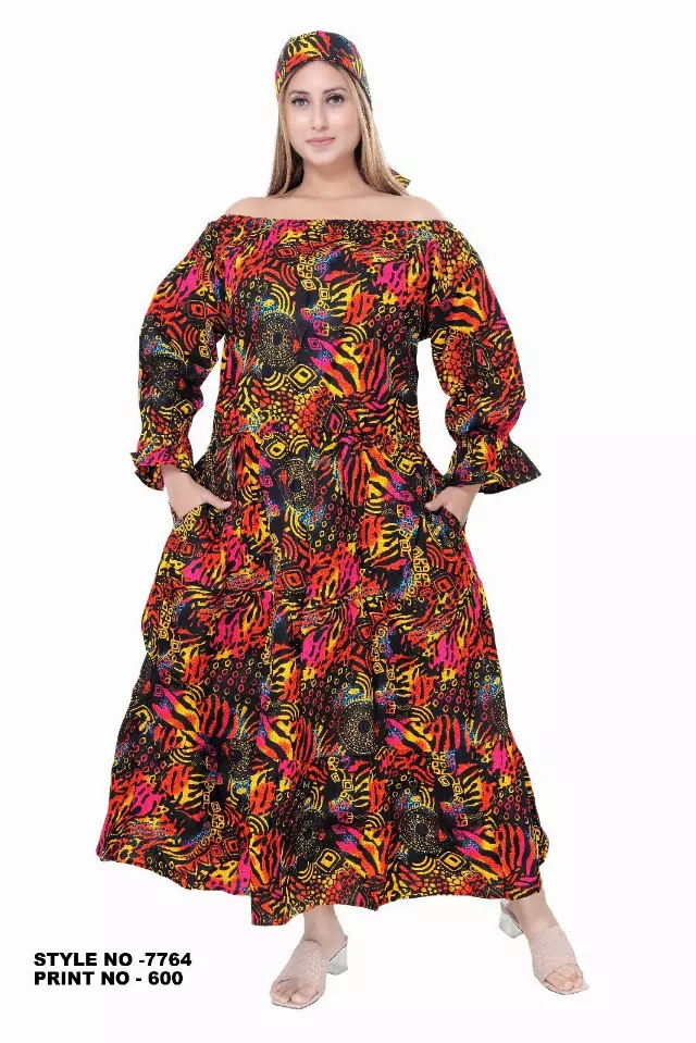7764 -Off Shoulder Midi Dress in Ankara Prints - $25.00 Each (3 pcs per pack) — Free Size / Print-600