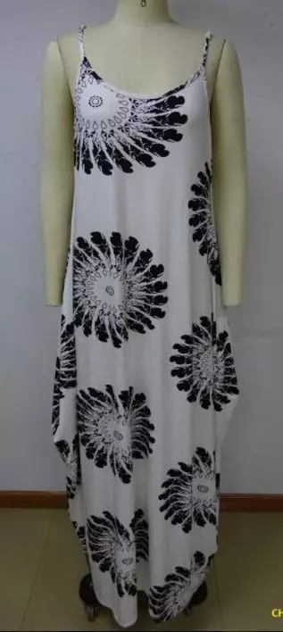 20068 - Spaghetti Strap B/W Women's Printed Maxi Balloon Dress - One Size (6-PCS PRE-PACK)($18 Each)