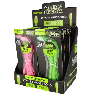 Charging Cable Glow in The Dark Flat USB to Micro USB 9FT - 12 Pieces Per Retail Ready Display 21068