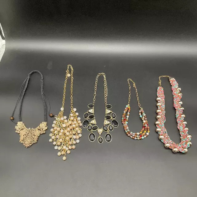 Vintage to Modern Costume Jewelry Lot 5 Necklaces Bib Beaded Floral Gold Tone