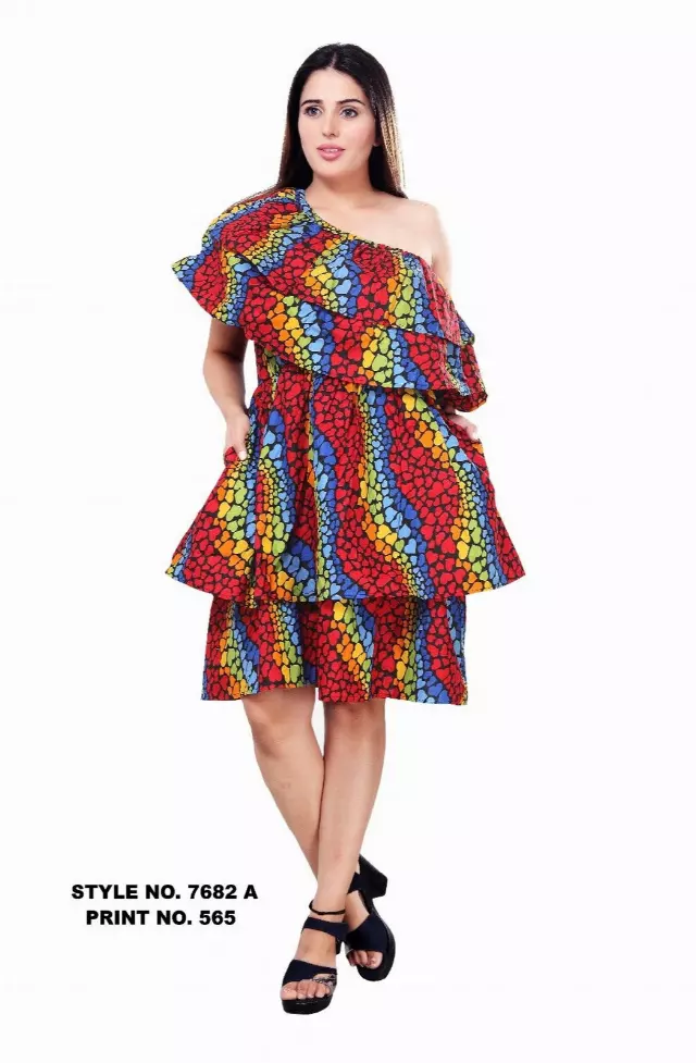 7682A - 100% Cotton African Print One-shoulder Dress (3 PCS PRE-PACK) - $20.00 EACH — One Size (4-24) / Print-565