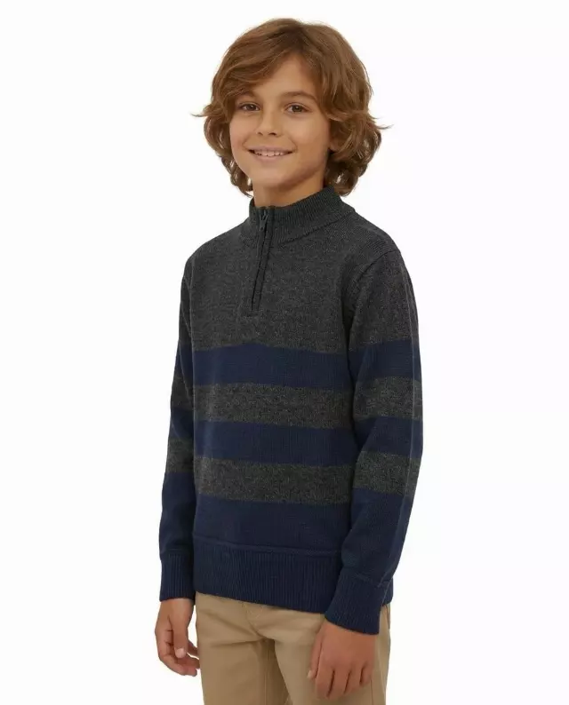 Little Boys' Striped Quarter Zip Sweater W26-4 — 4-5-6-7 / W54 Navy