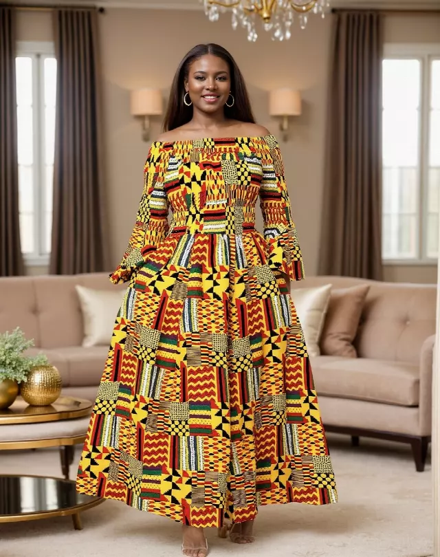 7556 -NEW PRINTS ALERT!!!! Off Shoulder Maxi Dress in Ankara Prints - $25.00 Each (3 pcs per pack) — Free Size / Print-557