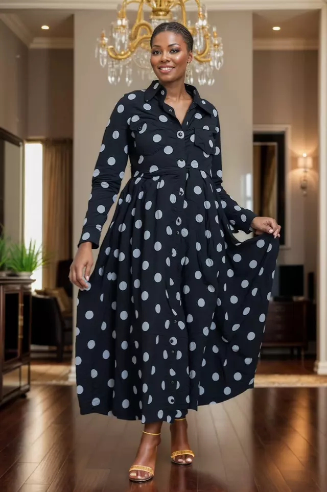25058- Women's Ankle Length Polka Dot Dress - $25.00 Each (3 pcs per pack) — Free Size / Black