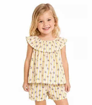 GIRLS PINK Ruffle on S Neck Top With Matchy Bow Print Short Set- 2816002