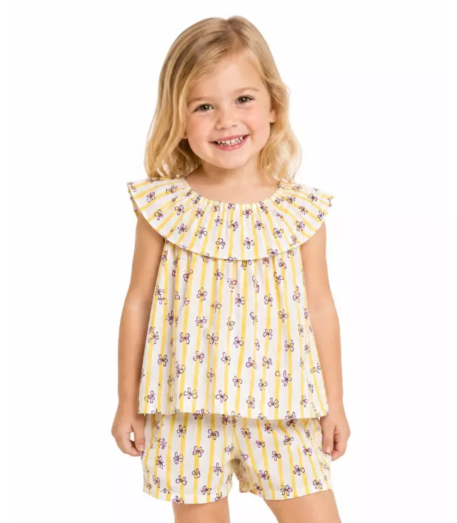 GIRLS PINK Ruffle on S Neck Top With Matchy Bow Print Short Set- 2816002