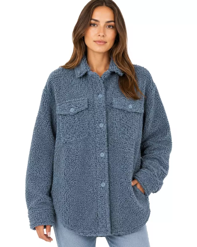 Women’s Sherpa Fleece Shacket #09 — Dusty Blue / S-M-L-XL