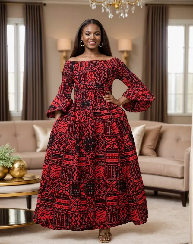 7556 -NEW PRINTS ALERT!!!! Off Shoulder Maxi Dress in Ankara Prints - $25.00 Each (3 pcs per pack) — Free Size / Print-669