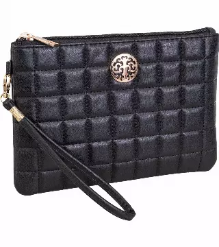 Rebecca & Rifka Smooth Boxed Quilt Medallion Zip Wristlet — BK/GD