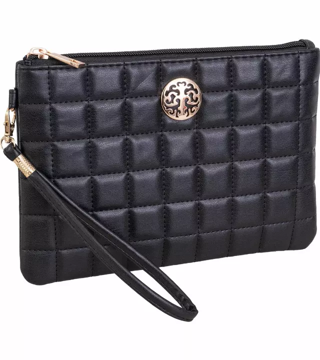 Rebecca & Rifka Smooth Boxed Quilt Medallion Zip Wristlet — BK/GD