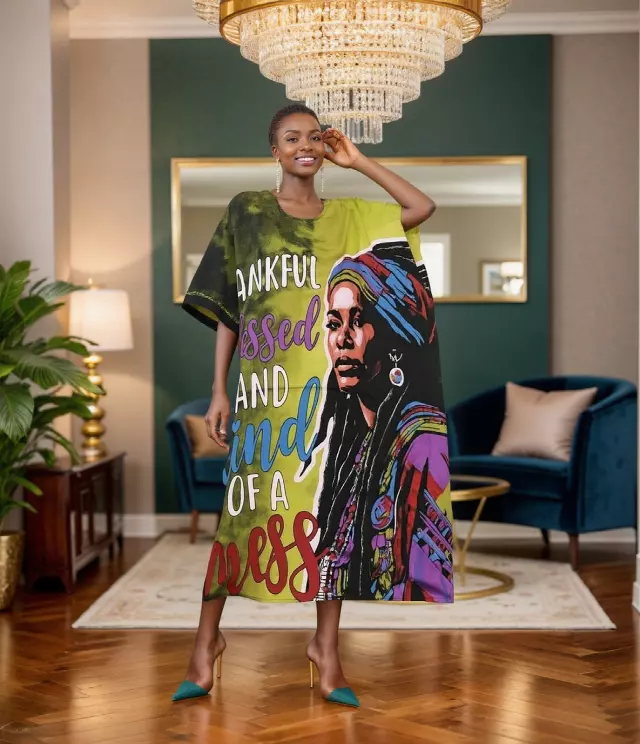 PNA-1619- Women's Comfy Kaftan Dress with Headwrap- One Size (6-PCS PRE-PACK) - $7 Each — One Size (4-24) / Print-1619B