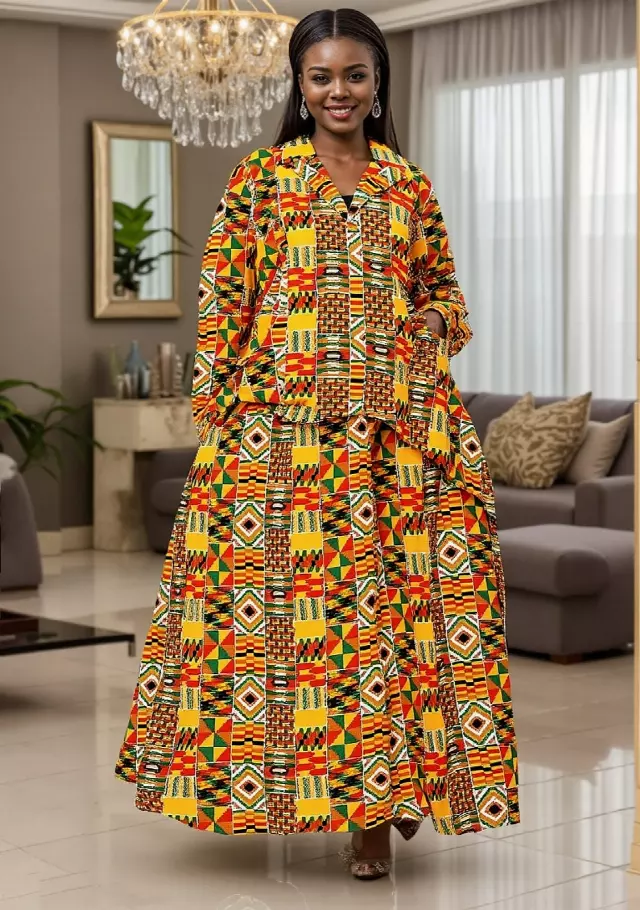 7906 P (Skirt Set) - Authentic African Print 2pc Top + Skirt Set - $30.00 Each (3 pcs per pack) — Free Size / Print-642