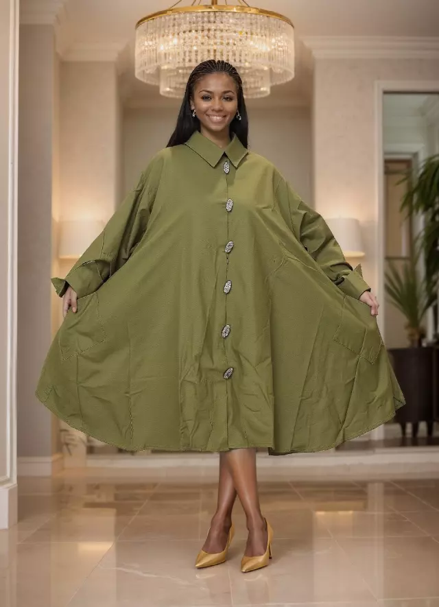 243 - Big Button Down Solid Colors Authentic African Tunic Dress (3 PCS PRE-PACK) - $25.00 EACH — One Size (4 - 24) / Print-26000
