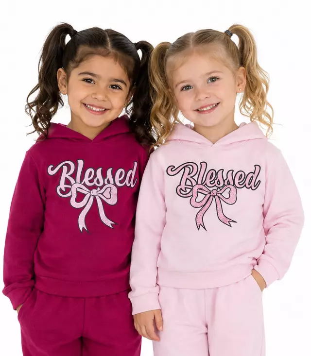Girls Pink Blessed & Bow Screen W Stones Hoodie & Jogger Set – 8655102