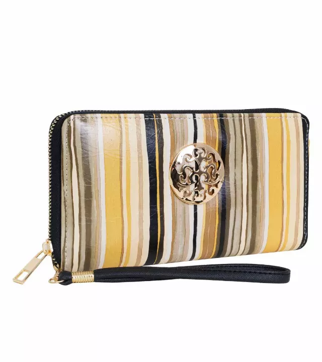 Rebecca & Rifka Multi Stripe Print Medallion Zip Wristlet Wallet — TAUPE/MUL