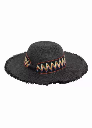 Magid Printed Ribbon & Frayed Brim Straw Floppy Hat — BLACK