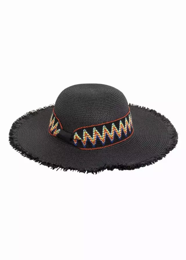 Magid Printed Ribbon & Frayed Brim Straw Floppy Hat — BLACK