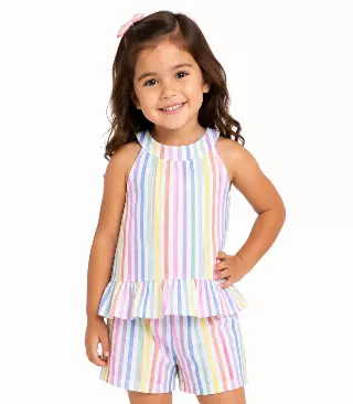 GIRLS PINK Stripe Woven Top With Ruffle Short Set - 2146502