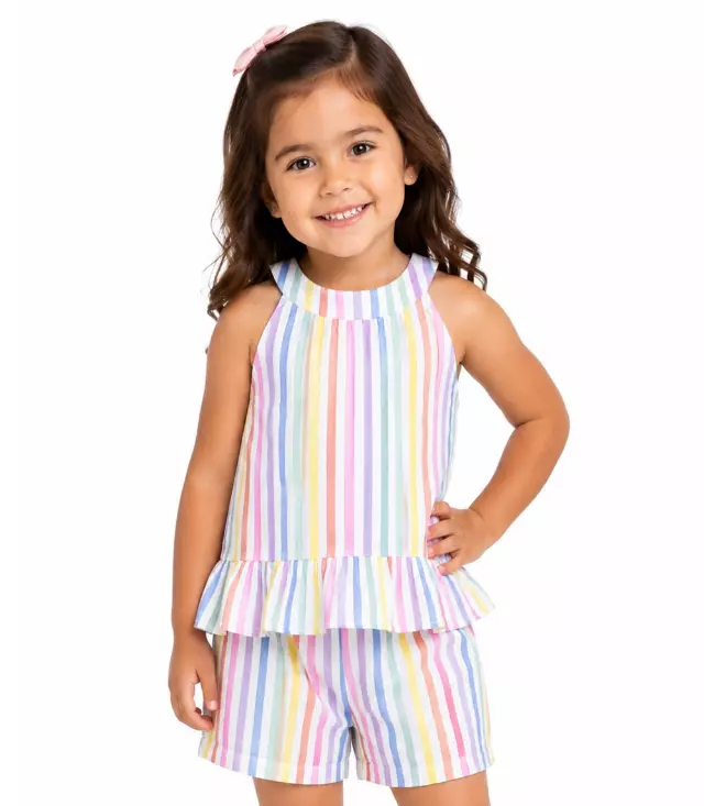 GIRLS PINK Stripe Woven Top With Ruffle Short Set - 2146502
