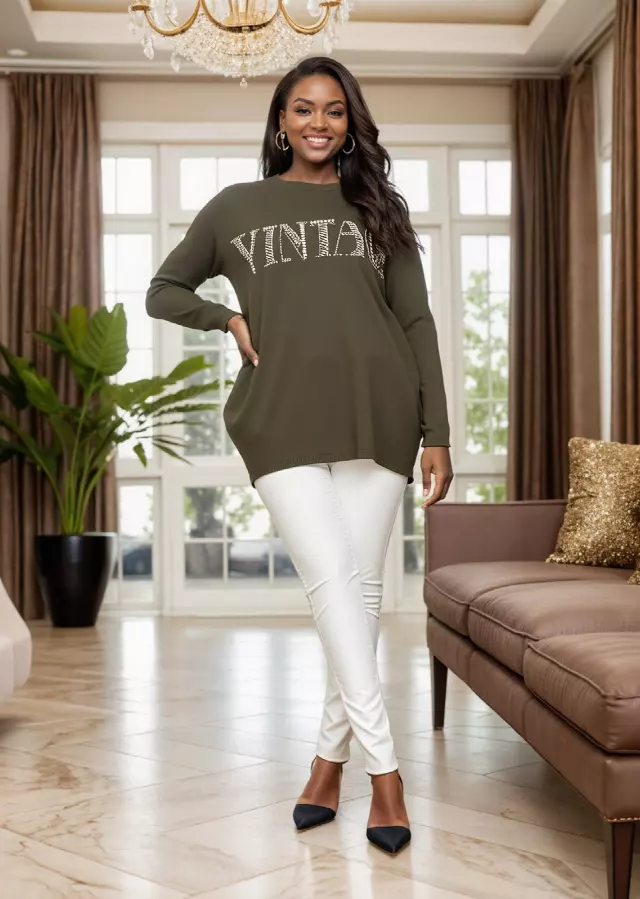 25013 - Women's "VINTAGE" Embellished Sweater (3-PCS PRE-PACK) ($18.00 Each) — Olive / One Size Fits Most