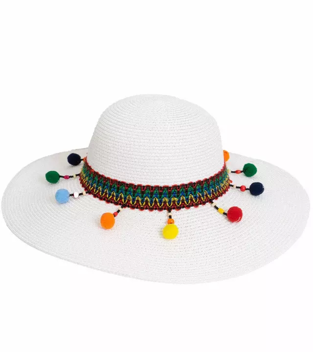 Magid Pom Pom & Tassels Straw Floppy Hat — WHITE