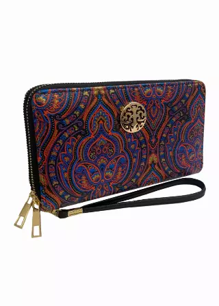 Rebecca & Rifka Paisley Print Medallion Double Zip Wristlet Wallet — BLUE/MUL