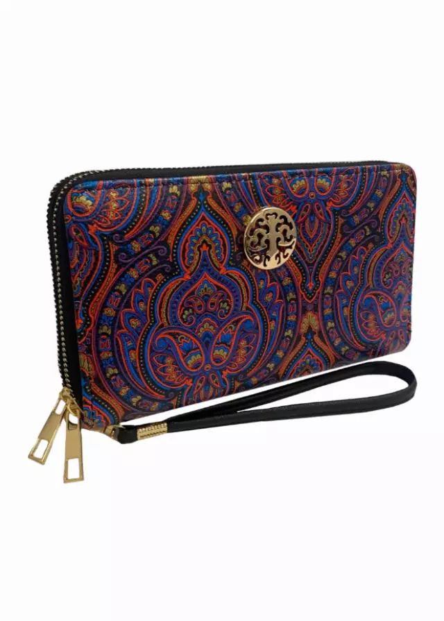 Rebecca & Rifka Paisley Print Medallion Double Zip Wristlet Wallet — BLUE/MUL