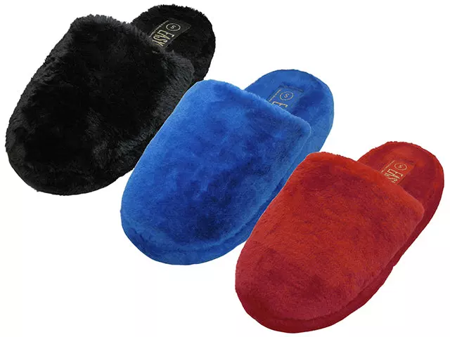 S831L - Women's "Easy USA" Fuzzy Plush Close Toe House Slippers — Assorted - Black, Red & Royal Blue (S831L-D)