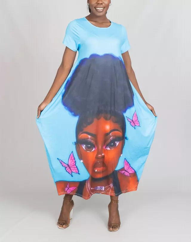 23027- Women's Plus Size Maxi Dress Digital Face-Print Knit Maxi Dress - One Size (3-PCS PRE-PACK) ($20.00 Each)