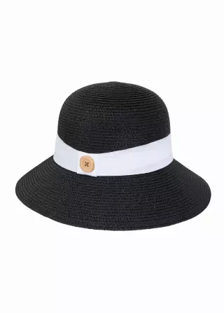 Magid Straw Button Ribbon Bucket Hat — BLACK