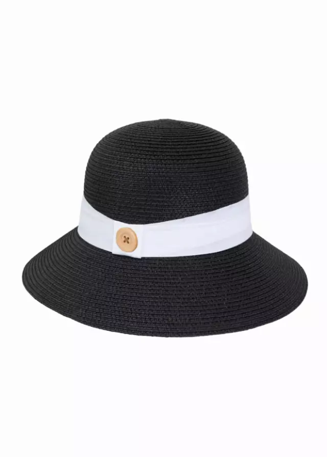 Magid Straw Button Ribbon Bucket Hat — BLACK