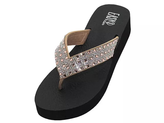 W488L-RG - Wholesale Women's "Easy USA" Rhinestone Upper Wedge Comfortable Eva Sandals