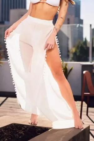 CY9001 Split Cover Up Beach Pants with Tassel Trim — white