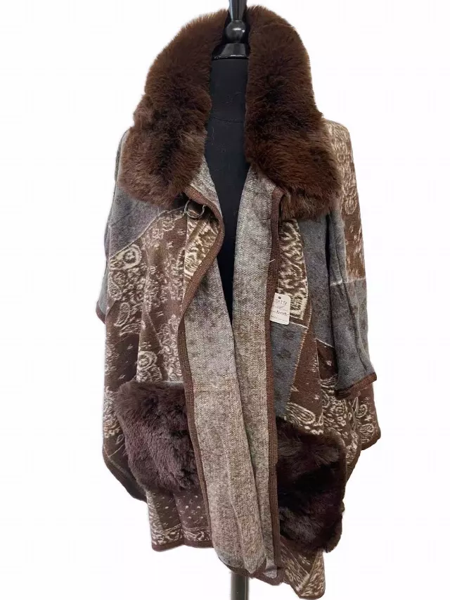 TX517 Faux Fur Cape with Pocket — Brown