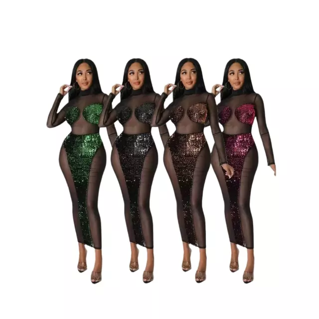 Women’s Sequin Mesh Bodycon Maxi Dress – Long Sleeve Eveningwear