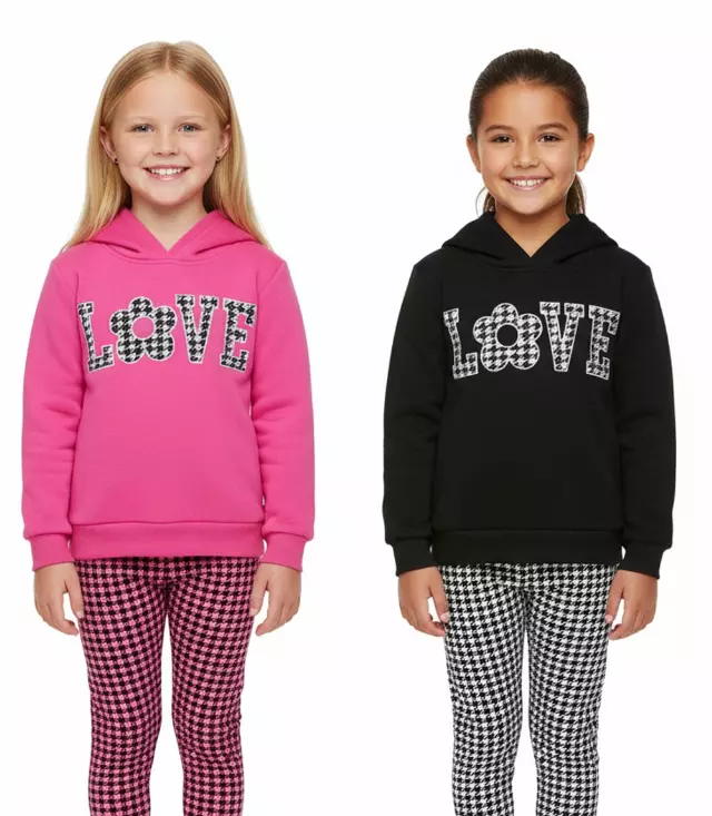 Girls “Love” Hooded Fleece & Plaid Legging Set – 7340402