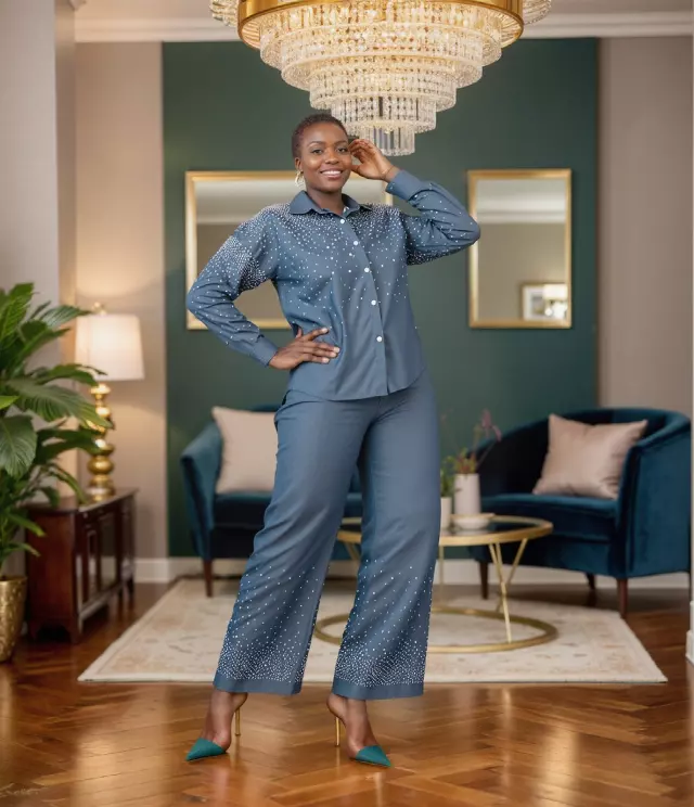 25041 - 2-Pcs Button Down Collared Top & Pant Set - $30.00 Each (3 pcs per pack) — Navy