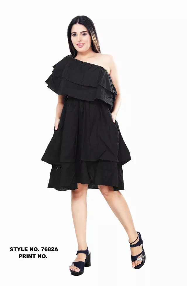 7682S - 100% Solid Color One-shoulder Dress (3 PCS PRE-PACK) - $20.00 EACH — One Size (4-24) / Black