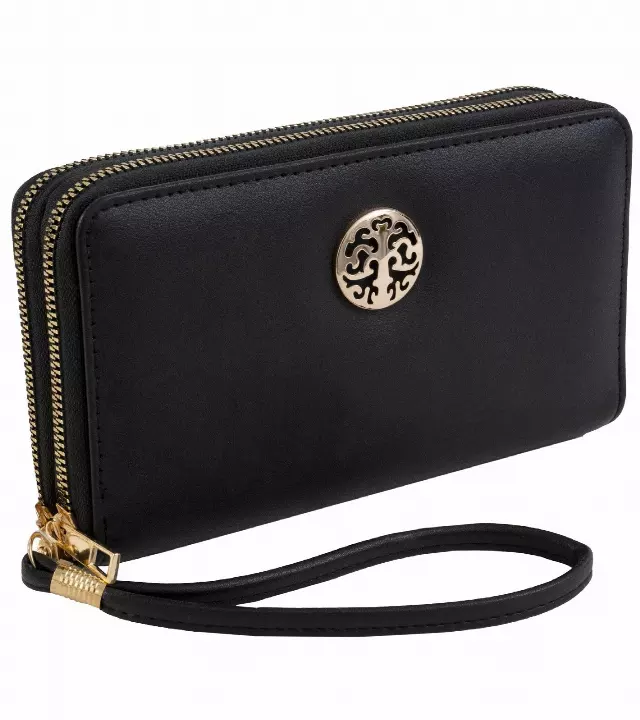 Rebecca & Rifka Smooth Medallion Double Zip Wristlet Wallet — BK/GD