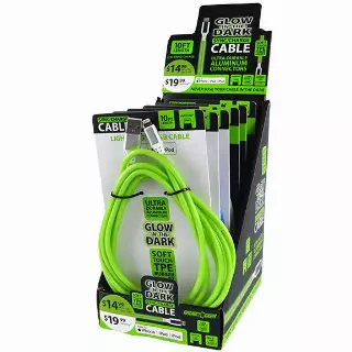 Charging Cable Glow in The Dark Assortment 10FT 2.4 Amp - 6 Pieces Per Retail Ready Display 88295