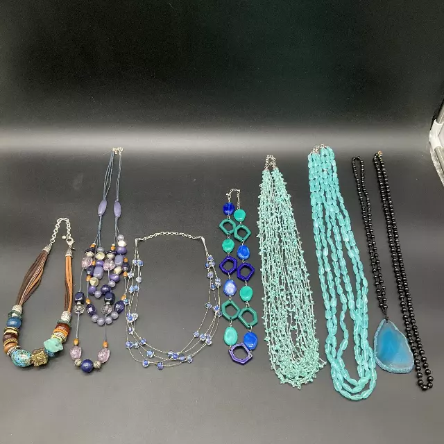 Vintage to Modern Costume Jewelry Lot 1 Lb Blue Teal Necklaces 7 Pcs Chico's