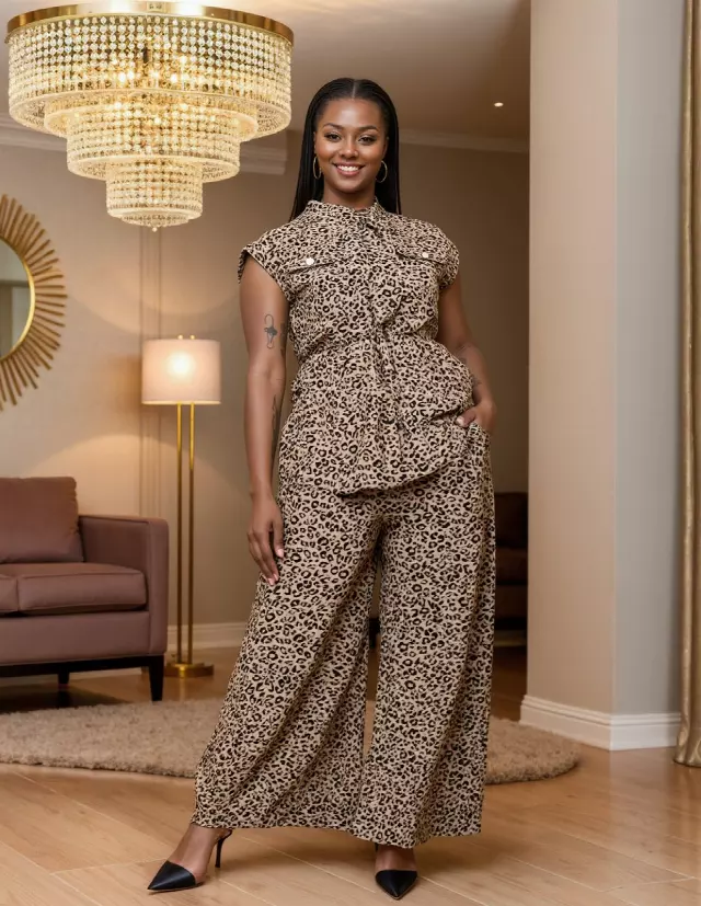 26008 - Animal Print Top & Pant (2-Pcs Set) - $25 Each (3-Pcs Pre Pack) — Brown / (M-L-1X) 3-Pcs