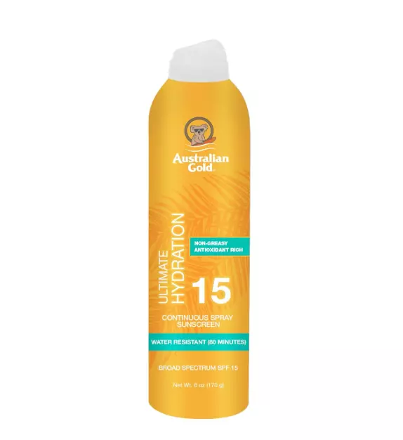 Australian Gold Continuous Spray Sunscreen SPF 15, 6 Ounce, Dries Fast, Broad Spectrum, Water Resistant, Non-Greasy, Oxybenzone Free, Cruelty Free,A70908