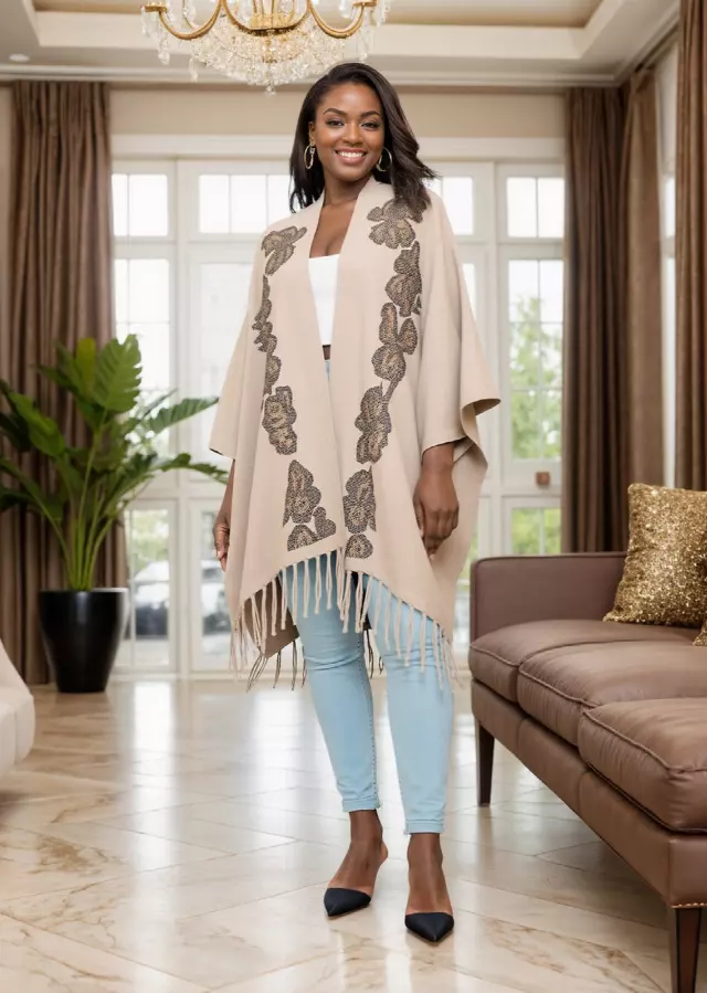 25022 - Women's Embellished Front Open Soft-Feel Fringed Poncho - $49.00 Each — Free Size / Beige